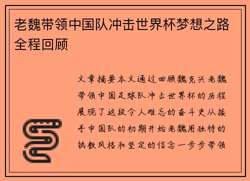 老魏带领中国队冲击世界杯梦想之路全程回顾